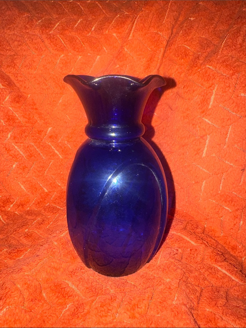 Vintage Cobalt Blue Glass Vase | Ruffled Fluted Rim Swirl Pattern Art
